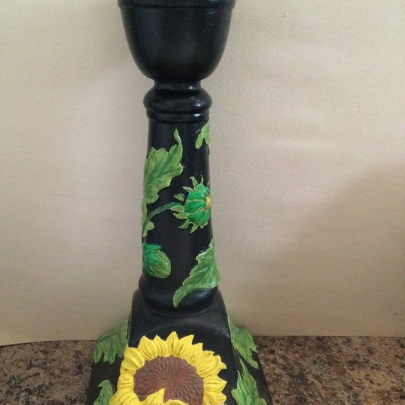 Ceramic candlestick holder black with yellow sunflowers relief - Picture 1 of 7